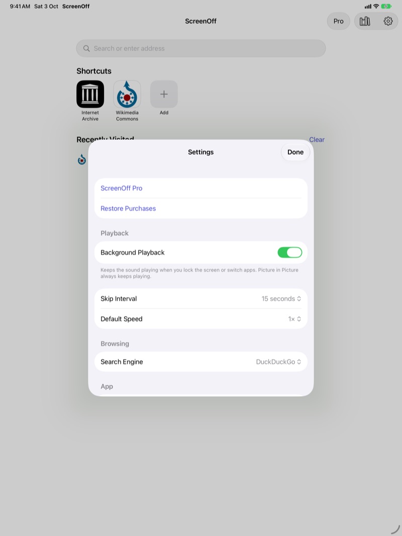 ScreenOff's Settings on iPad, with Background Playback switched on