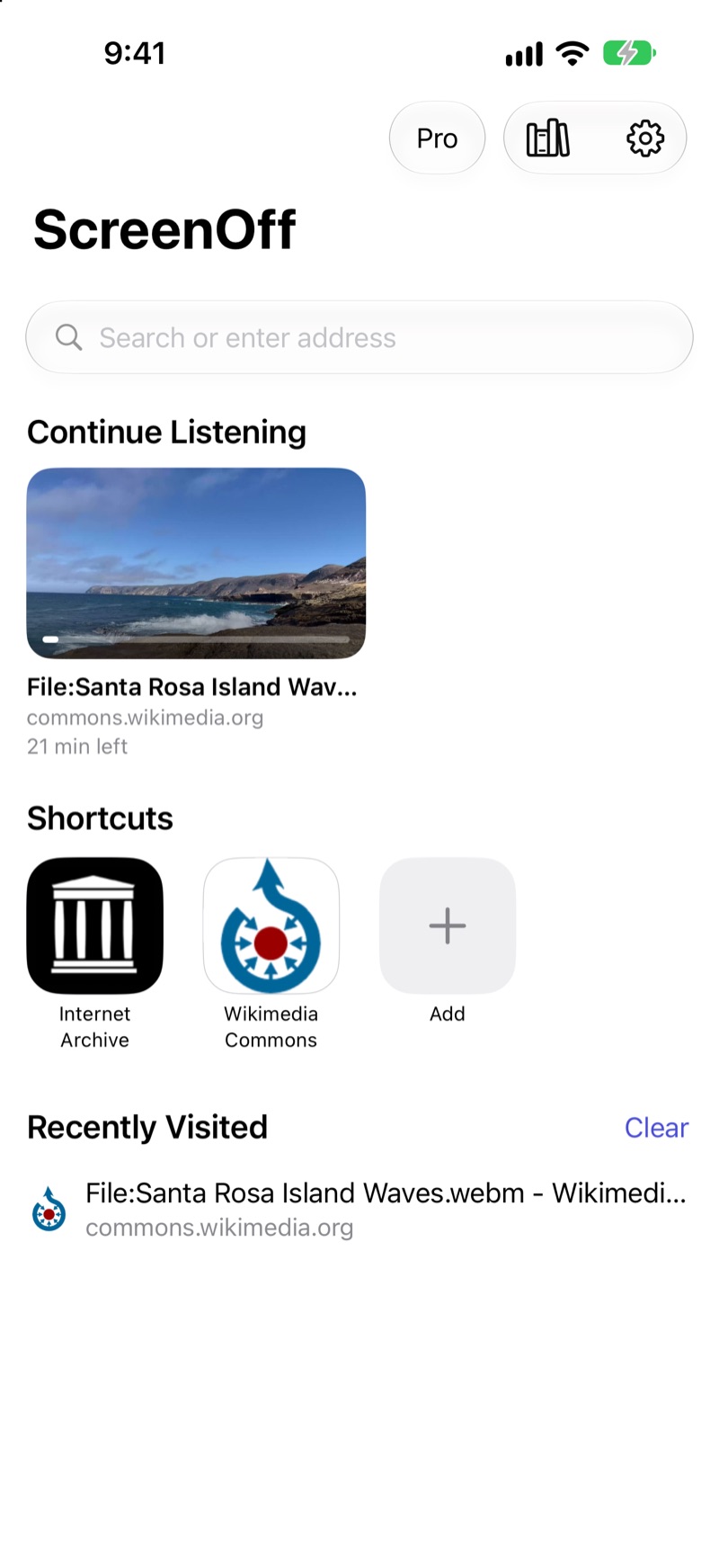 ScreenOff's Home with Continue Listening, Shortcuts and Recently Visited