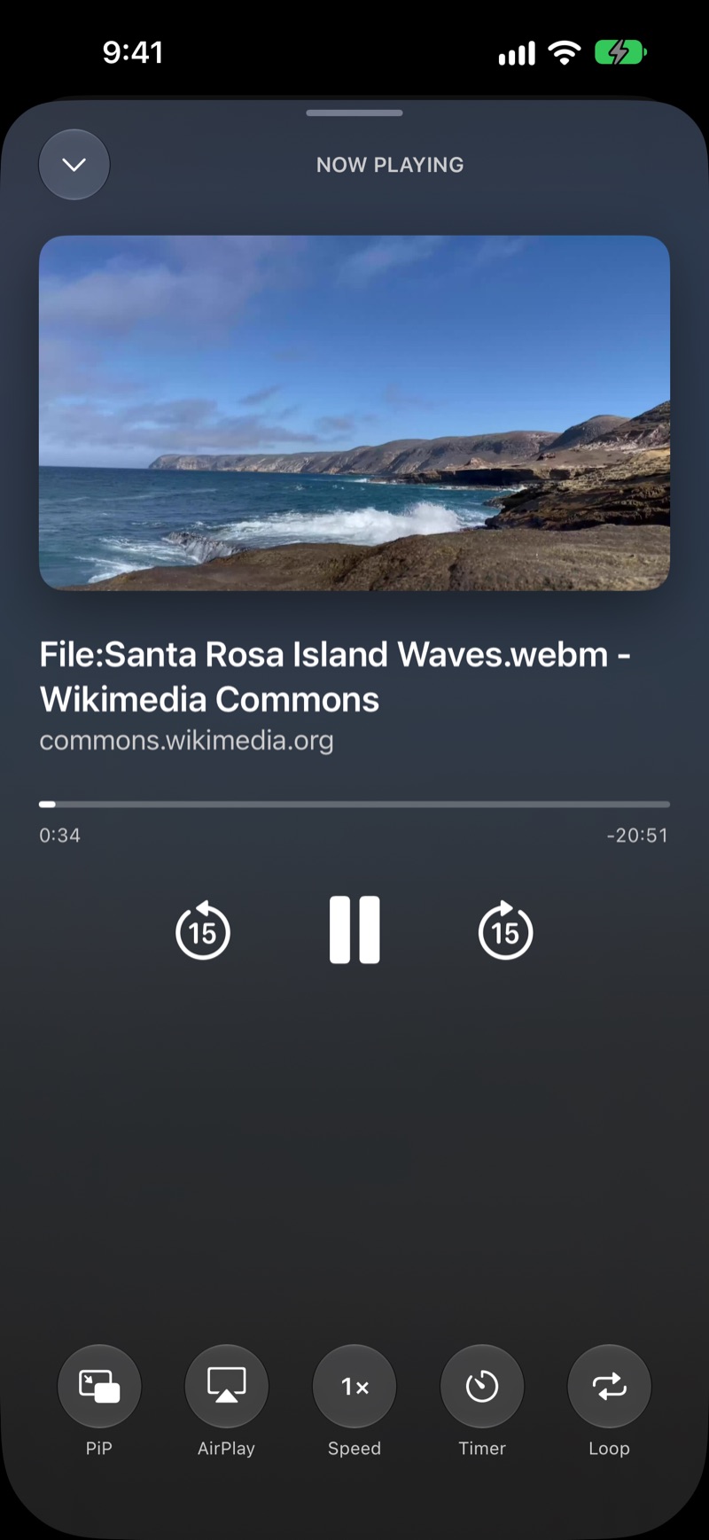 ScreenOff Player's Now Playing screen with a video of ocean waves